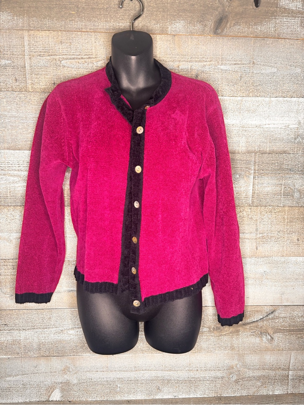 Vintage Women’s Fuchsia Button-Front Cozy cardigan sweater with Black Trim